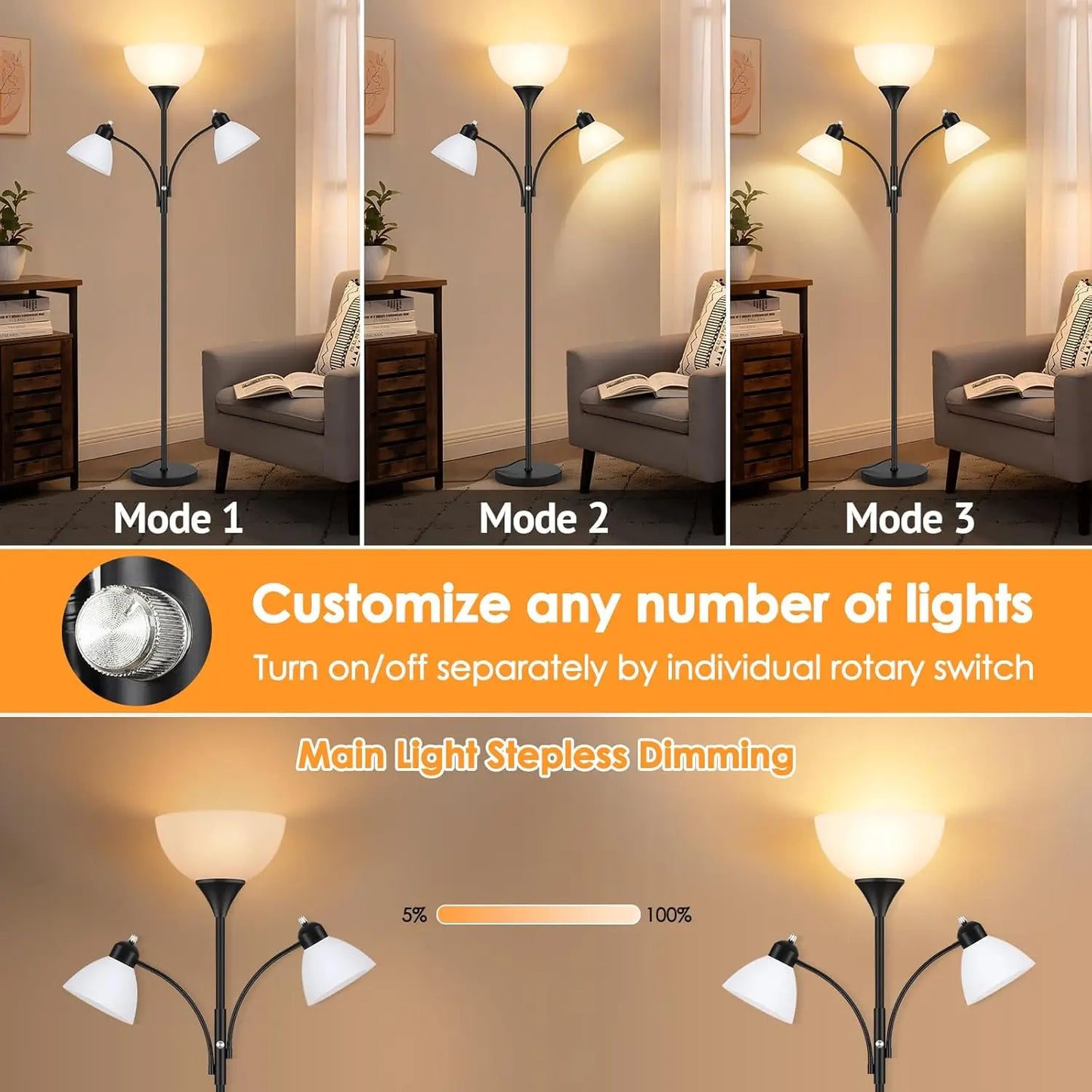 Dimmable Floor Lamp With Two Reading Lights