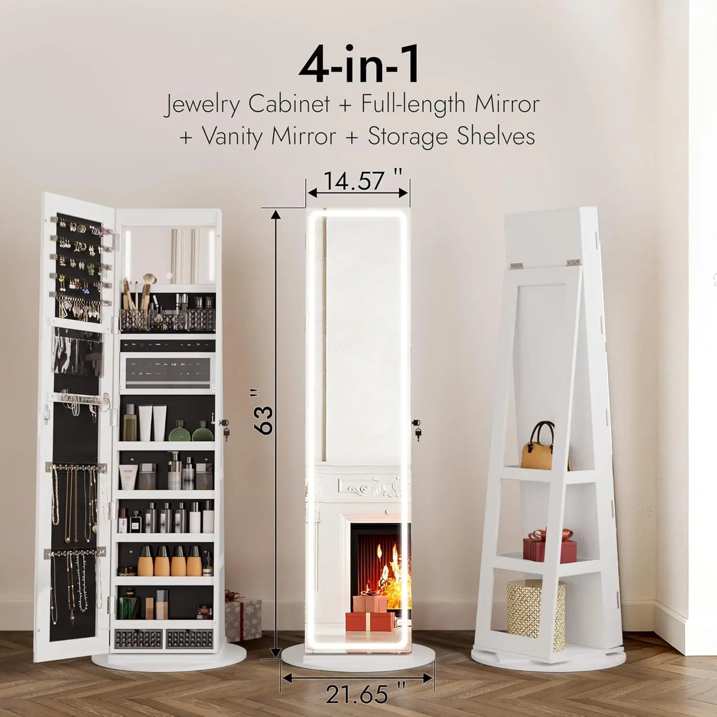 MOYU LED Mirror Jewelry Armoire Swivel Cabinet With Interior Lights