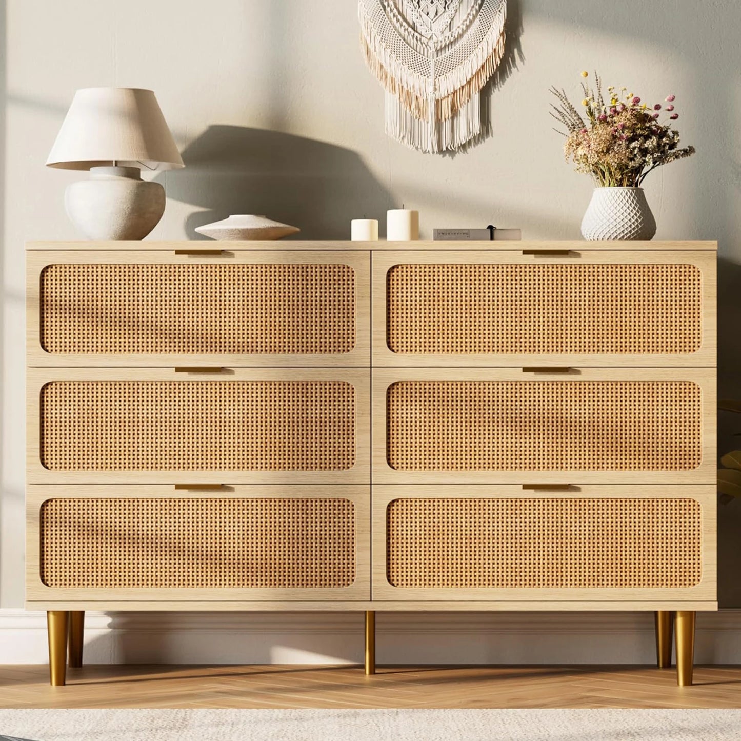 HiMISS 6 Drawer Rattan Dresser Handwoven Wood Storage Cabinet