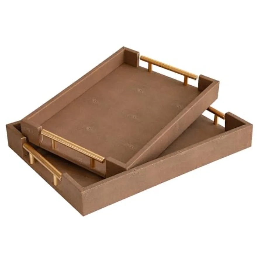 Decorative Leather Tray Set With Gold Handle For Ottoman Table