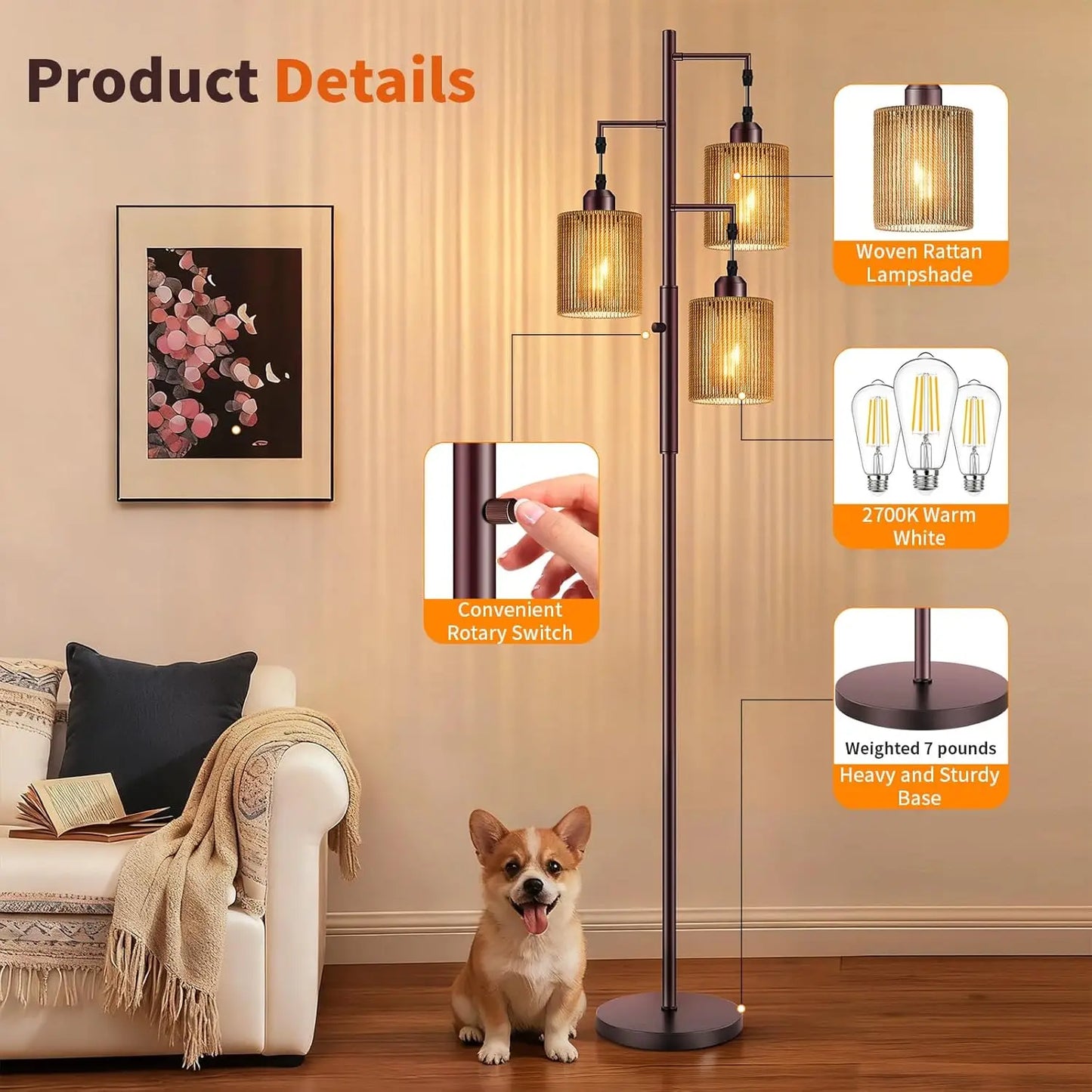 Rattan Boho Floor Lamp Dimmable Shades For Living Room