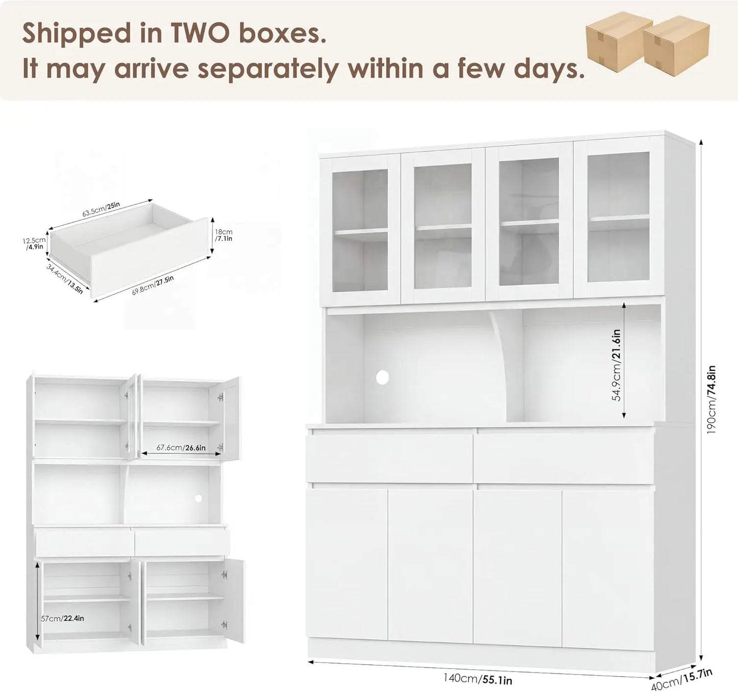 Solid Wood Kitchen Pantry Cabinet With Glass Doors And Drawers
