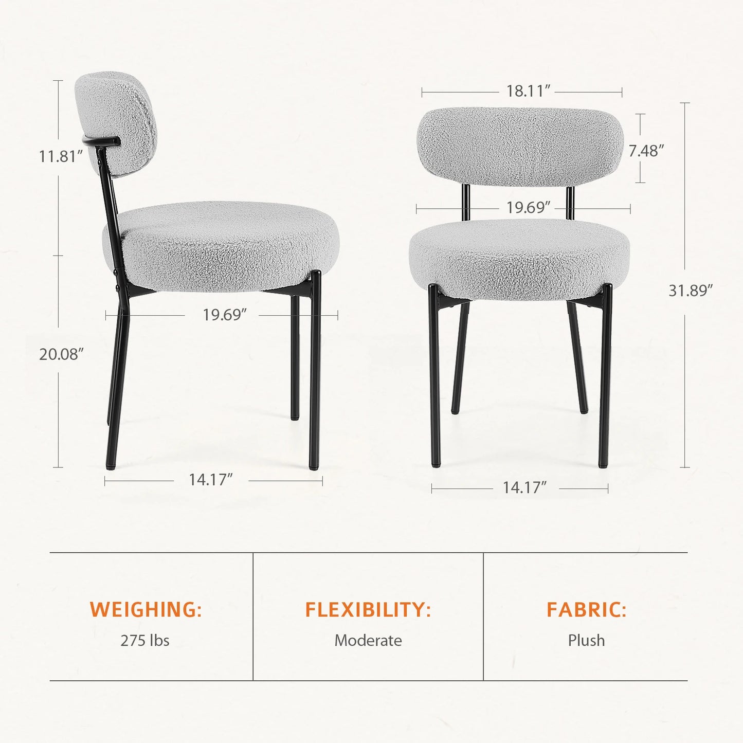 JHK Ergonomic Round Dining Chairs Set Of 2 Plush Fabric With Metal Legs