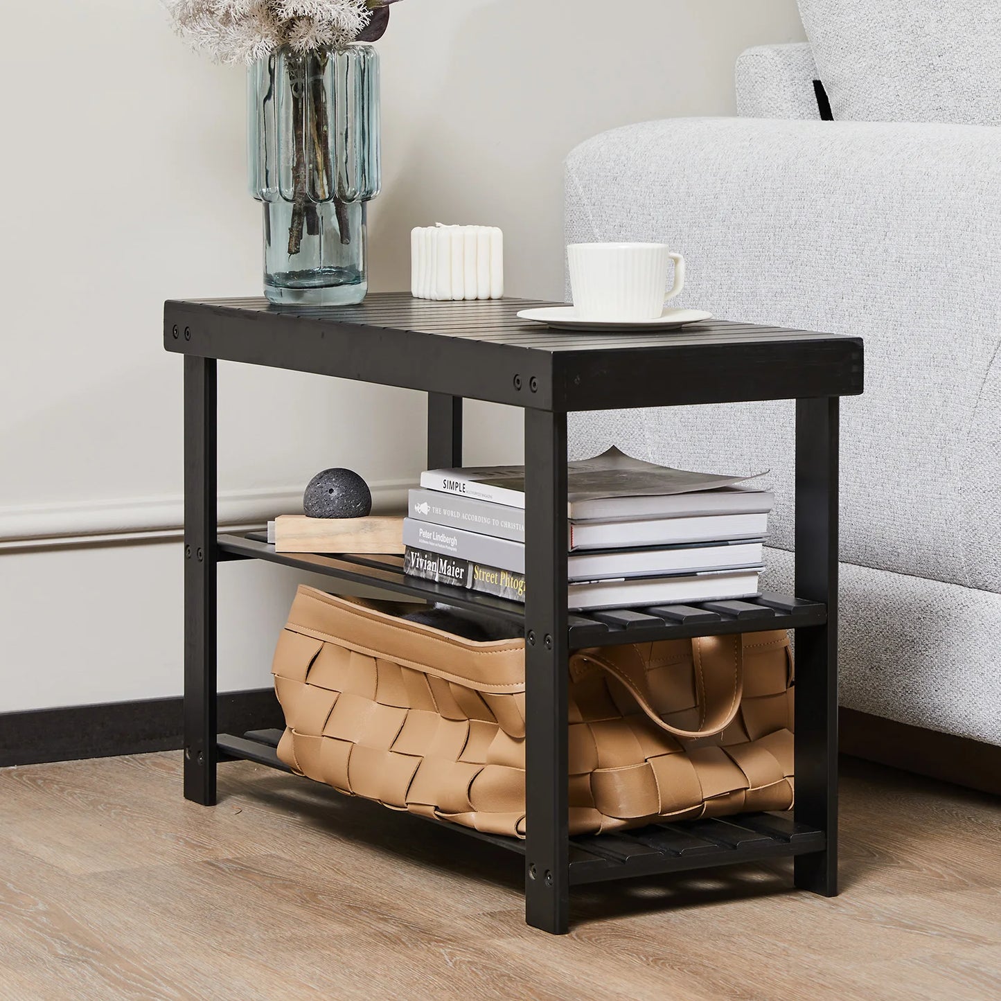 JHK 3 Tier Bamboo Entryway Bench Shoe Organizer Storage