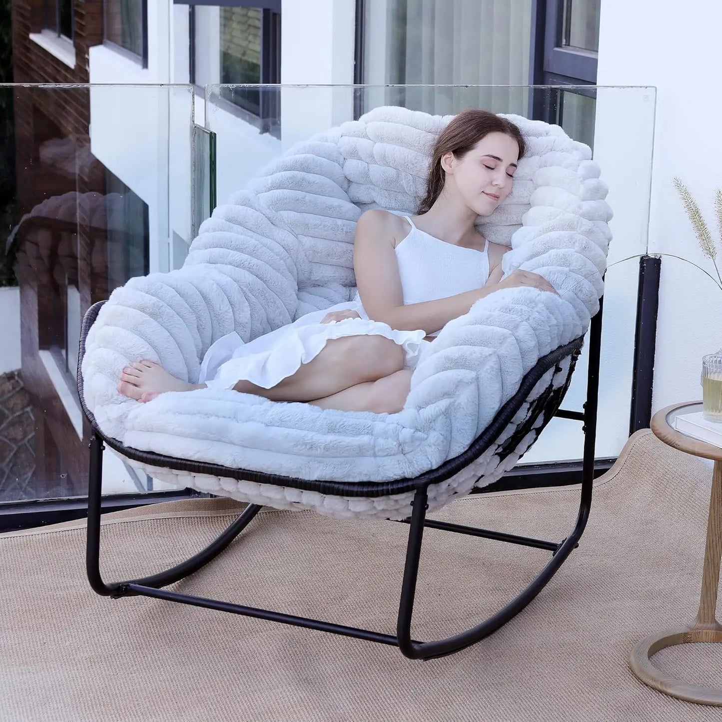 Outdoor Rocking Chair With Padded Cushion And Wicker Frame