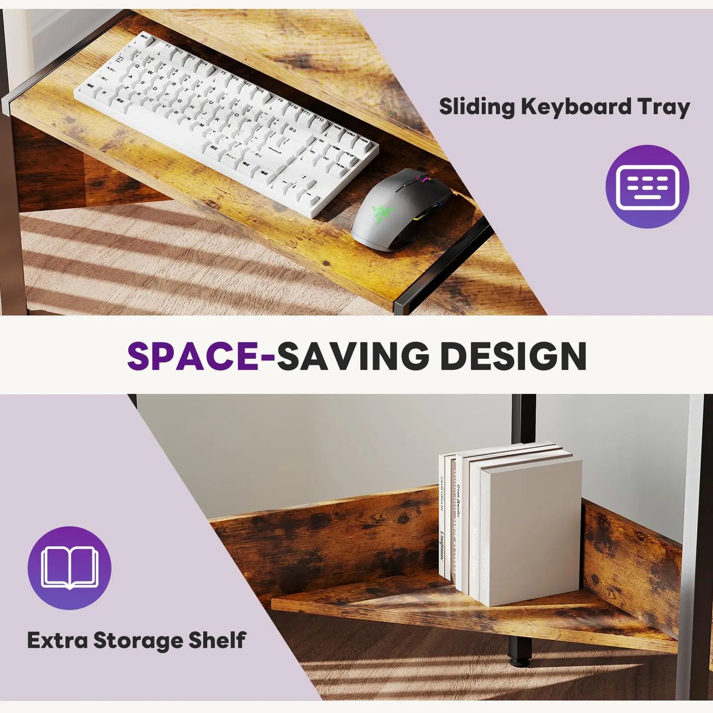JHK Corner Desk With LED Lights Power Outlets Storage Shelves