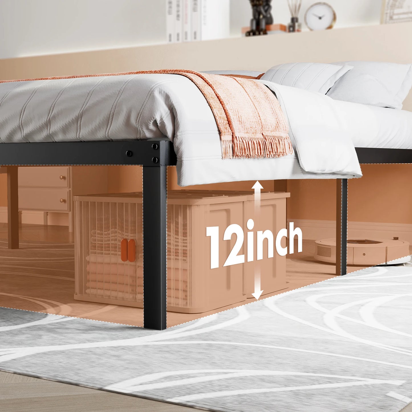 JHK Metal Platform Bed Frame with Storage and Slat Support