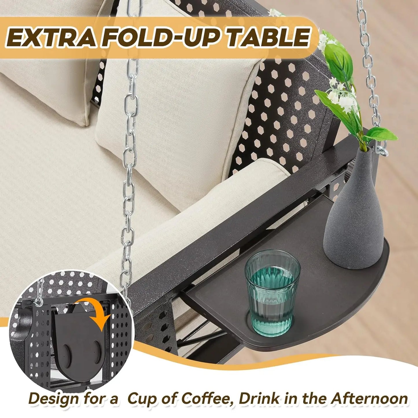 Three Seat Outdoor Porch Swing With Cup Holders And Cushions