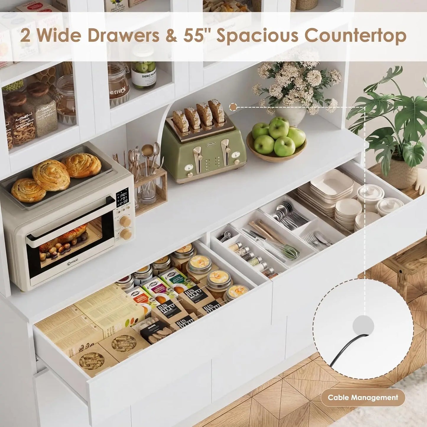 Solid Wood Kitchen Pantry Cabinet With Glass Doors And Drawers