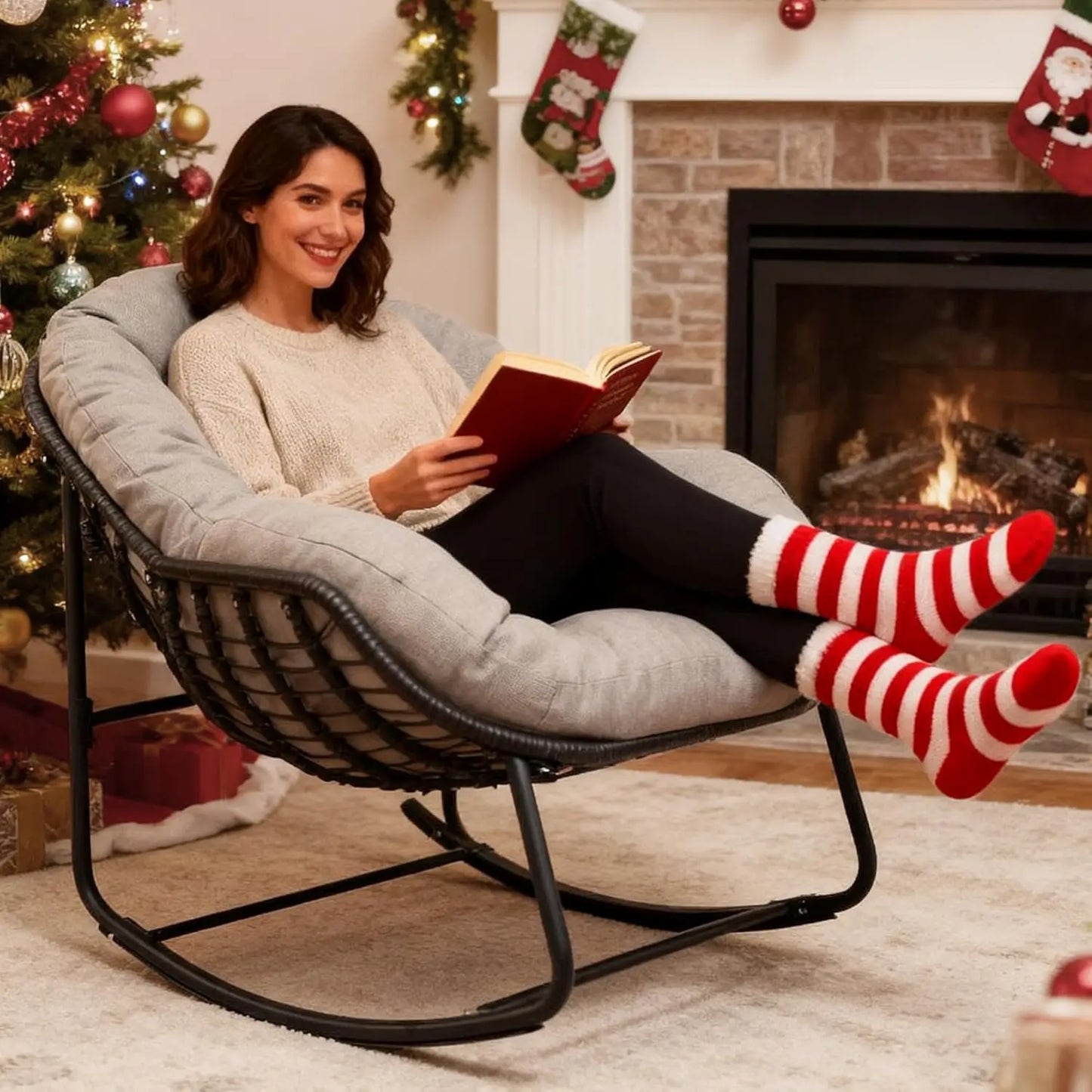 Outdoor Rocking Chair With Padded Cushion And Wicker Frame