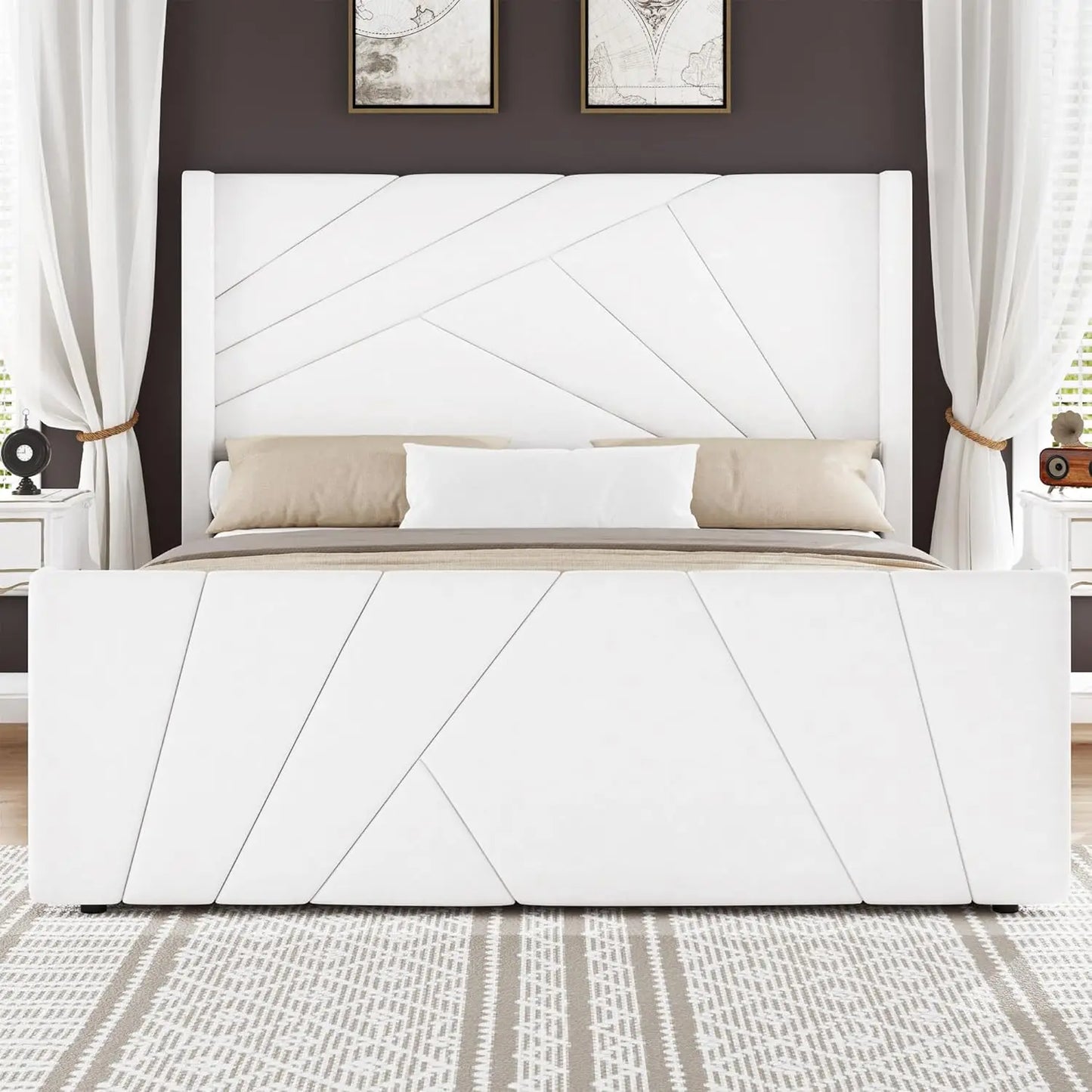 Velvet Upholstered Platform Bed With Geometric Tufted Headboard Wingback