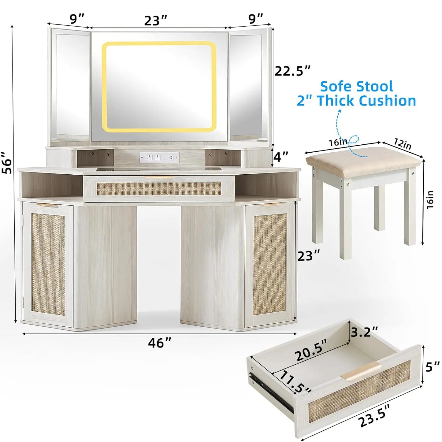 Boho Corner Vanity Desk With 3 Way Mirror Glass Lights
