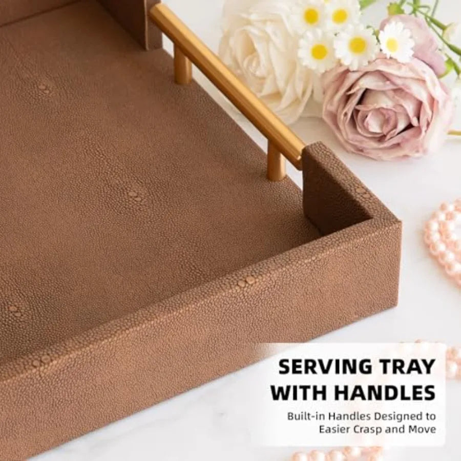 Decorative Leather Tray Set With Gold Handle For Ottoman Table