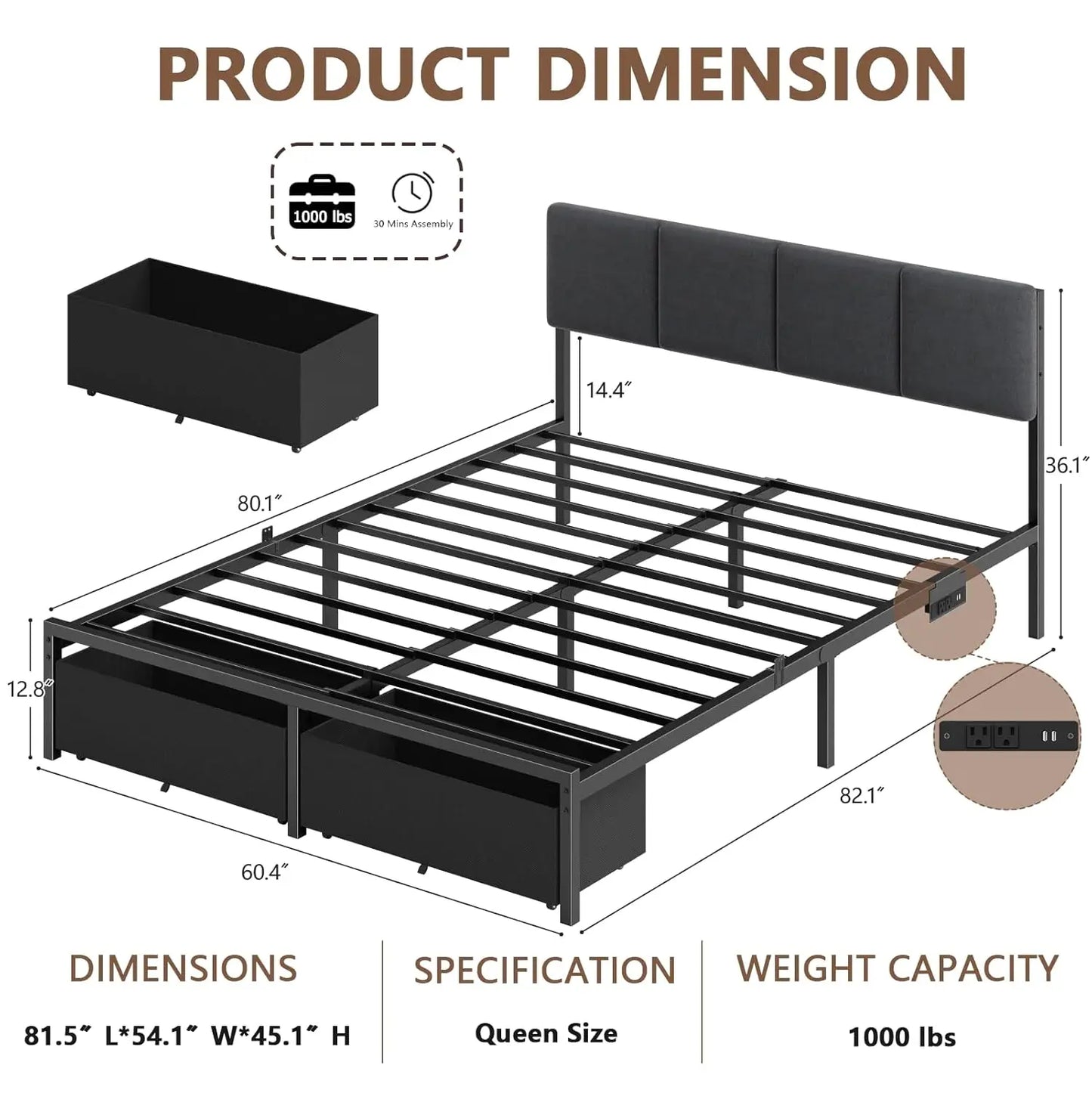 Queen Bed Frame With Adjustable Headboard And USB Storage Drawers