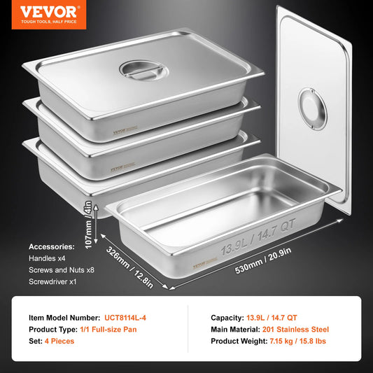 SucceBuy 4 Pack Stainless Steel Steam Table Pans With Lids