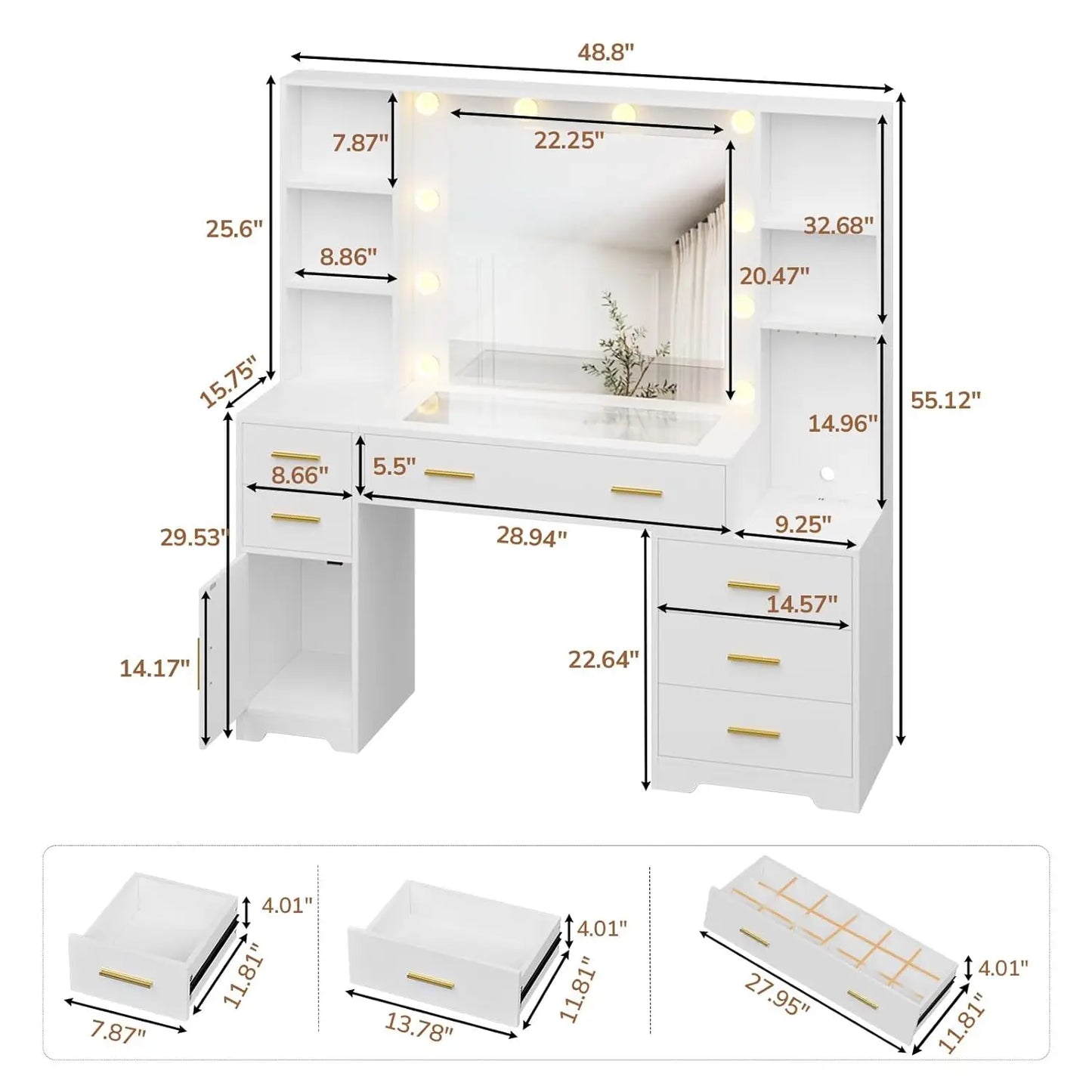 Vanity Desk With Lighted Mirror And Power Outlet 6 Drawers