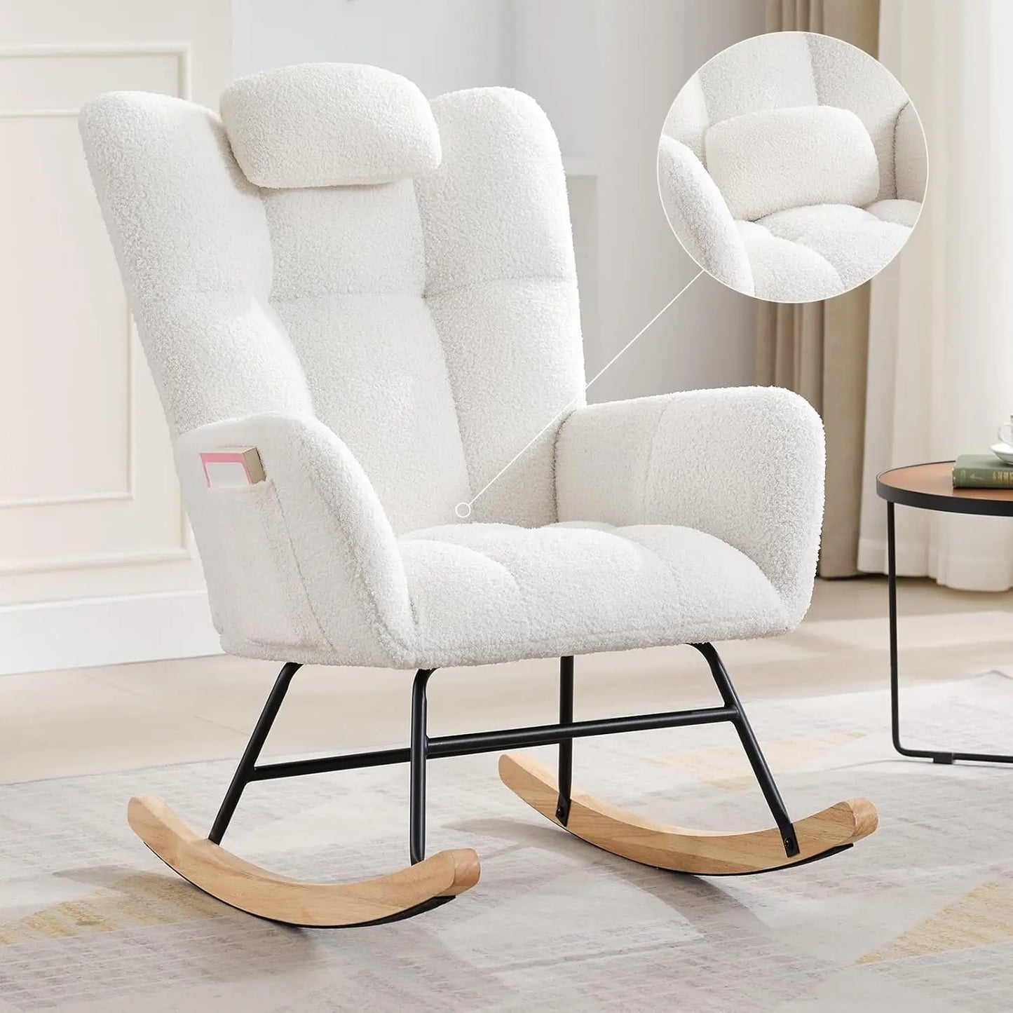 Studyset Modern Upholstered Nursery Rocking Chair High Back Side Pocket Boucle