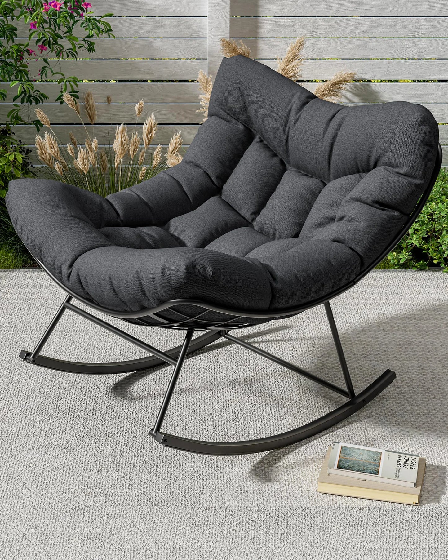 HiMISS Outdoor Papasan Rocking Chair With Ottoman And Weatherproof Cushion