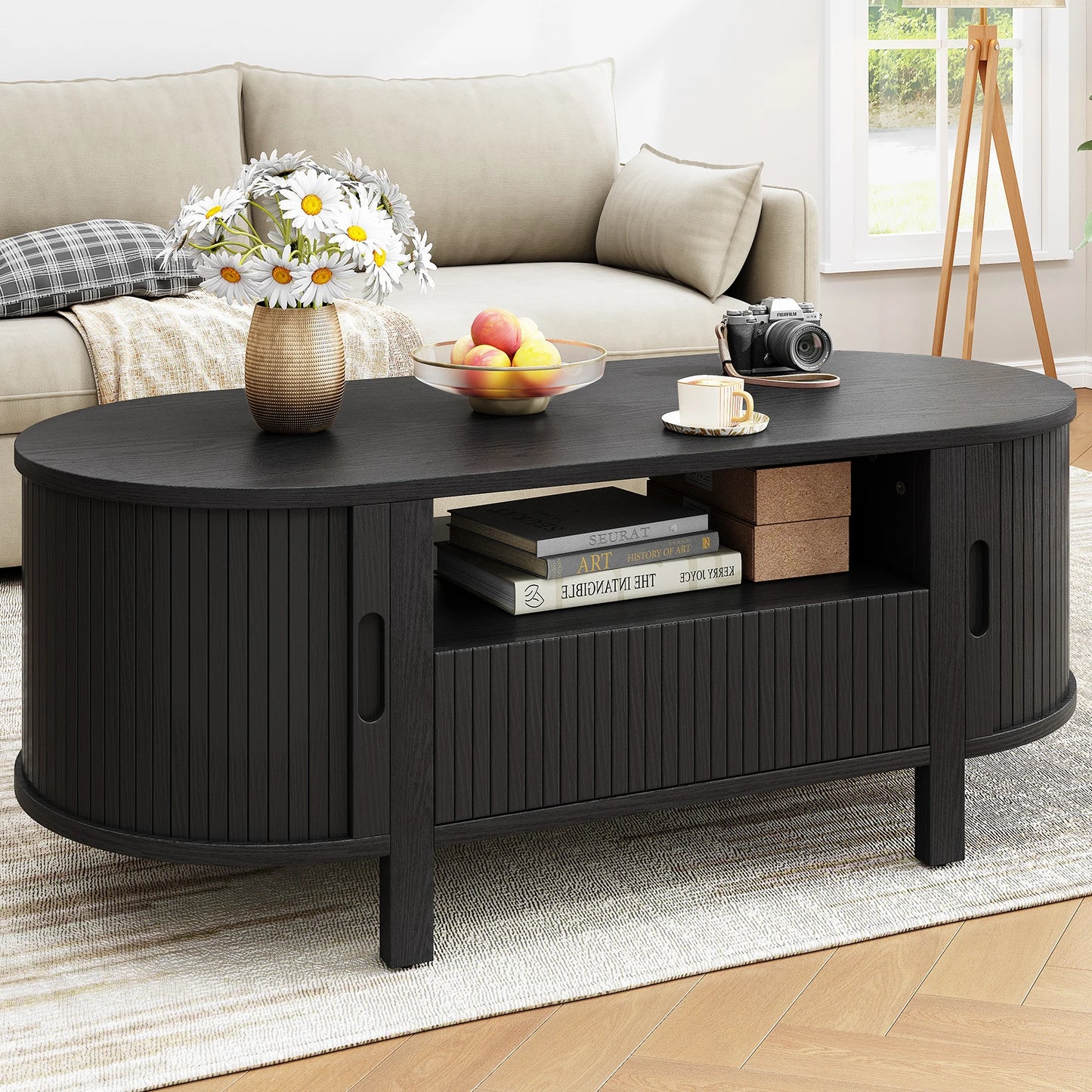 Oval Coffee Table With Storage And Sliding Cabinet Doors