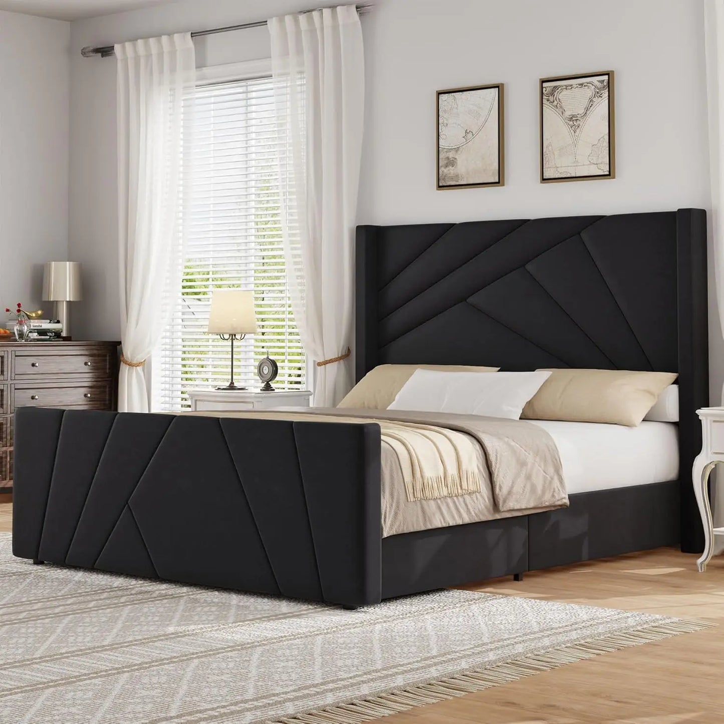 Velvet Upholstered Platform Bed With Geometric Tufted Headboard Wingback