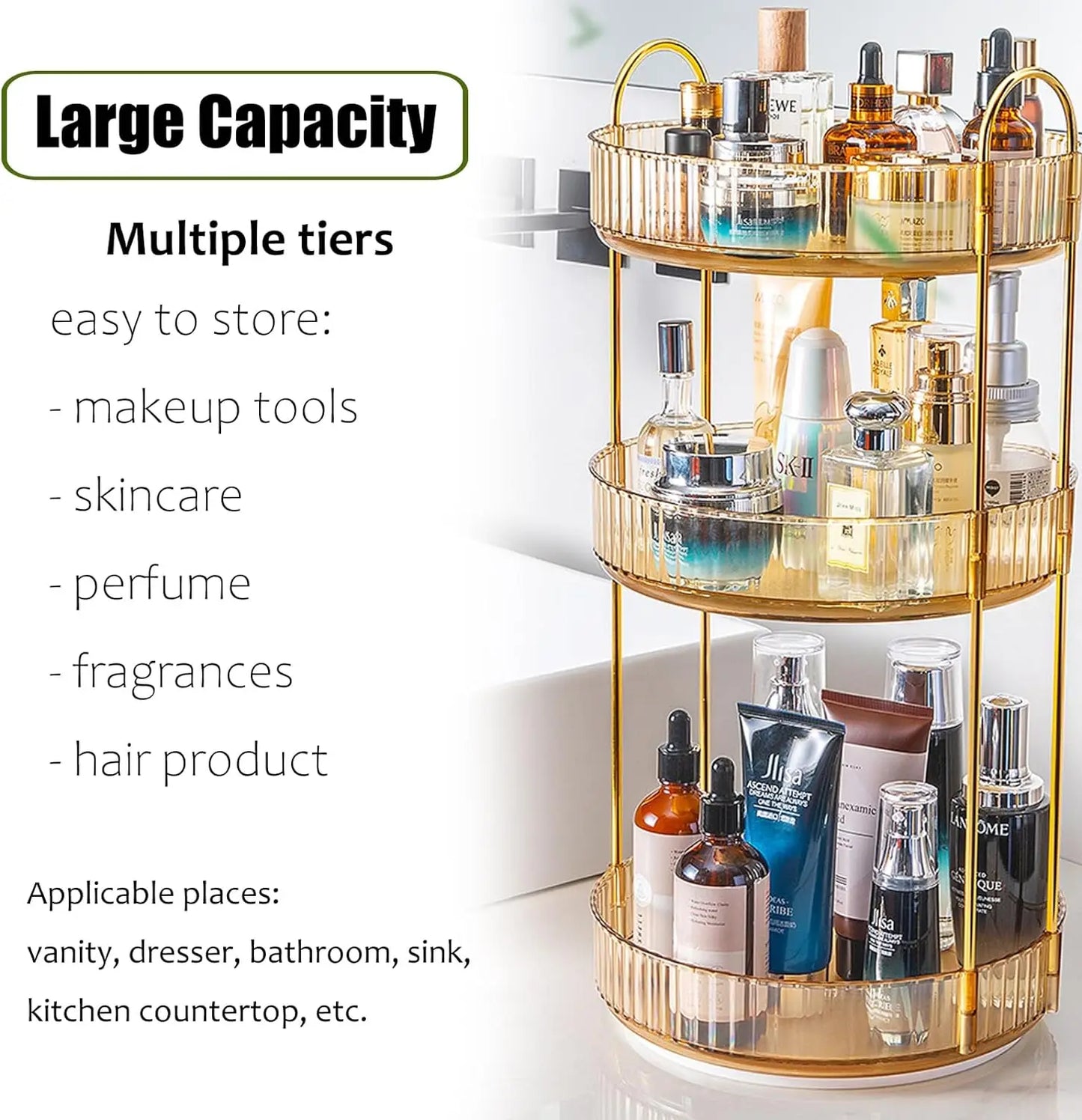 Rotating Makeup Organizer Three Tier Vanity Storage Clear Cosmetic Organizer