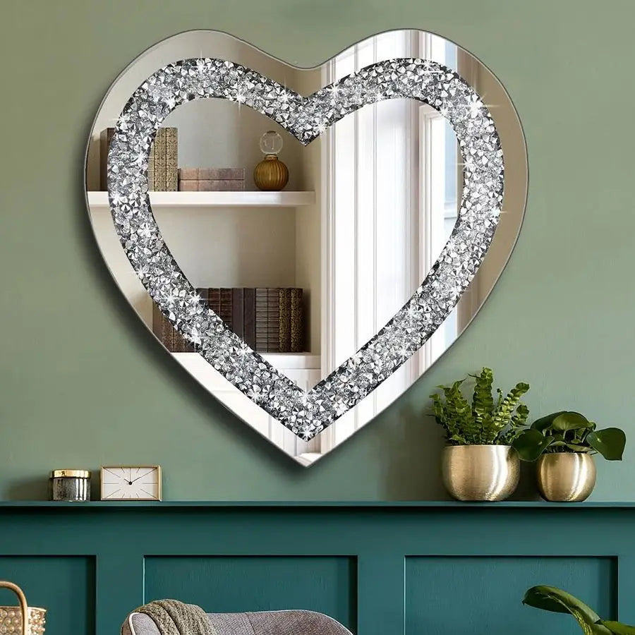 Heart Shaped Frameless Crystal Mirror Wall Decor Sparkling Diamonds