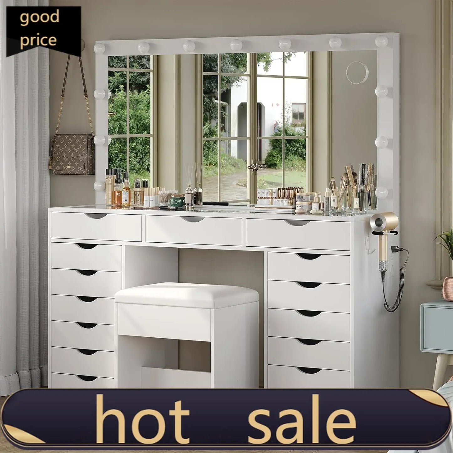 Vanity Desk With Mirror And Lights 15 Drawers Makeup Table