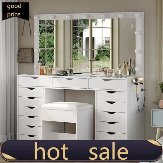 Vanity Desk With Mirror And Lights 15 Drawers Makeup Table
