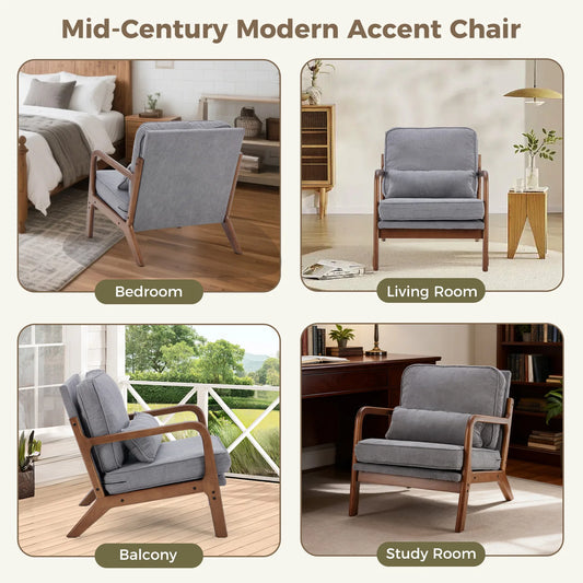 JHK Mid Century Modern Chair Solid Wooden Frame Accent Chair with Arms and Waist Cushion Reading Chairs for Adults Lounge Chair