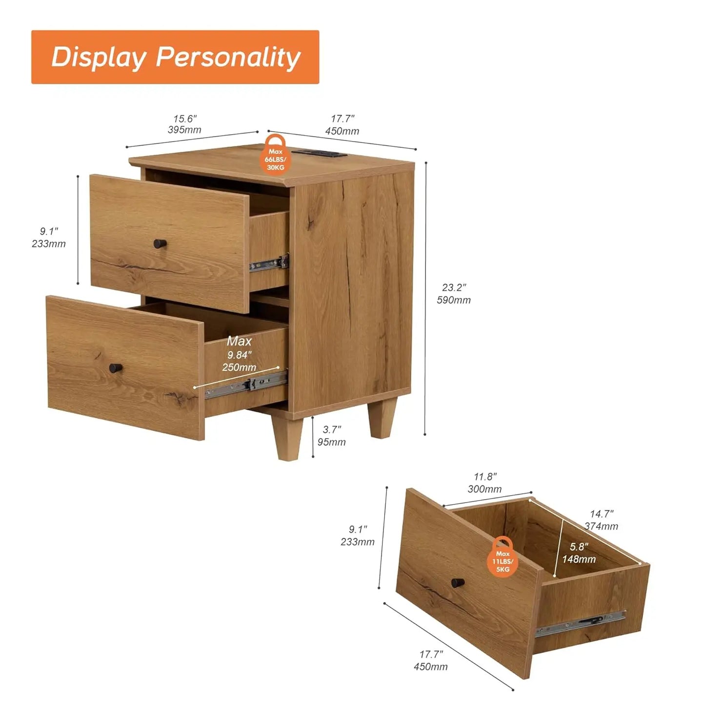 NONED Nightstands With Charging Station And 2 Drawers