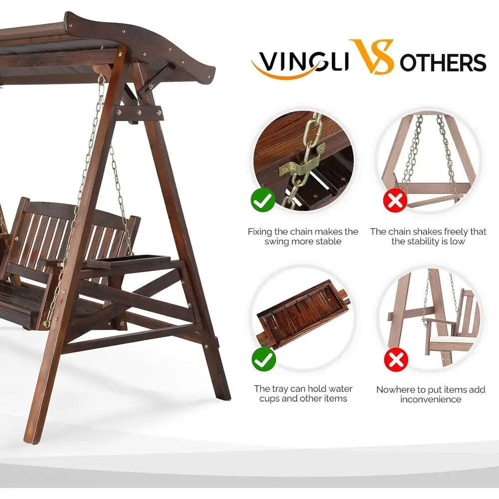 Rustic Wood Porch Swing Set With Stand And Cup Holder