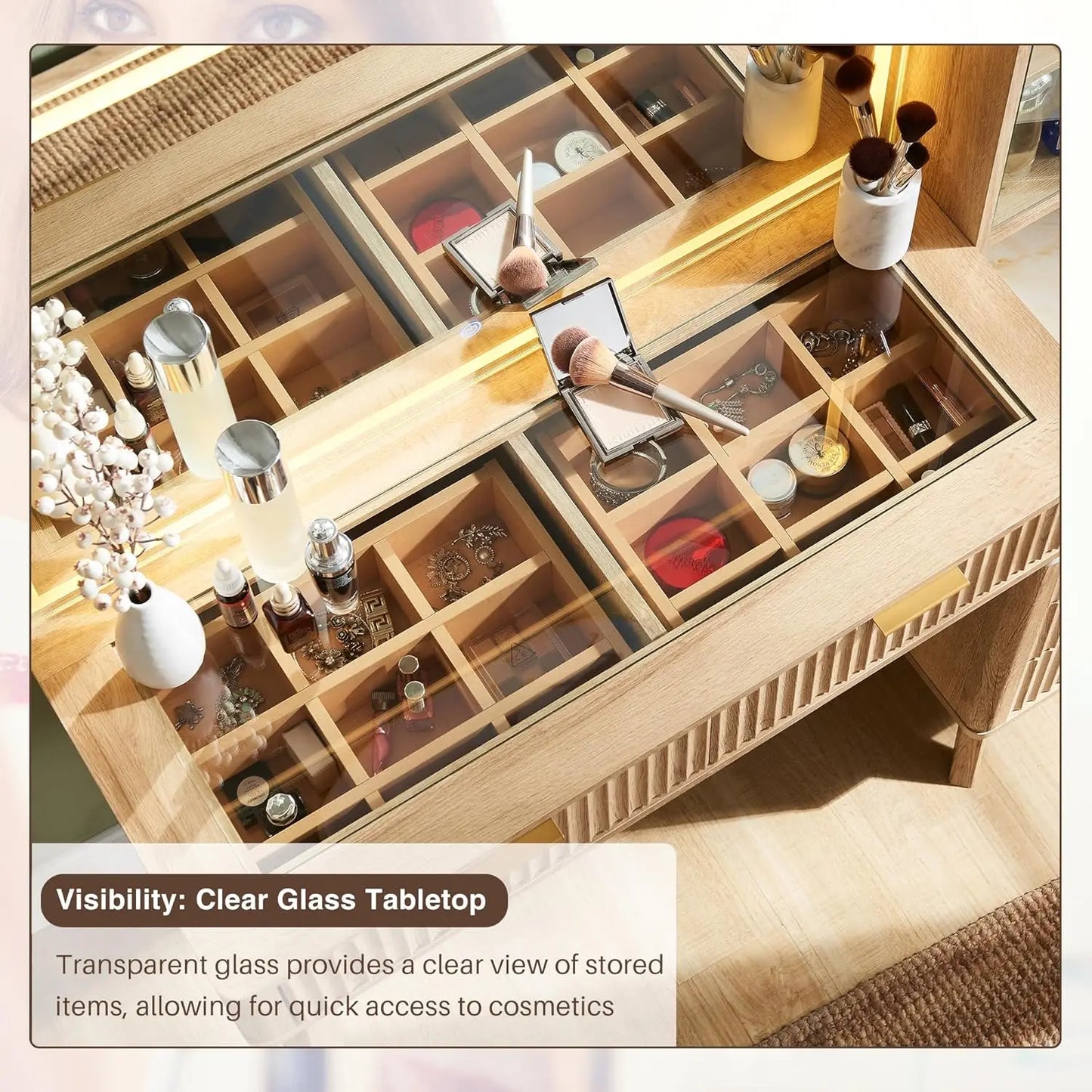 Fluted Makeup Vanity Desk With Glass Top Mirror Lights