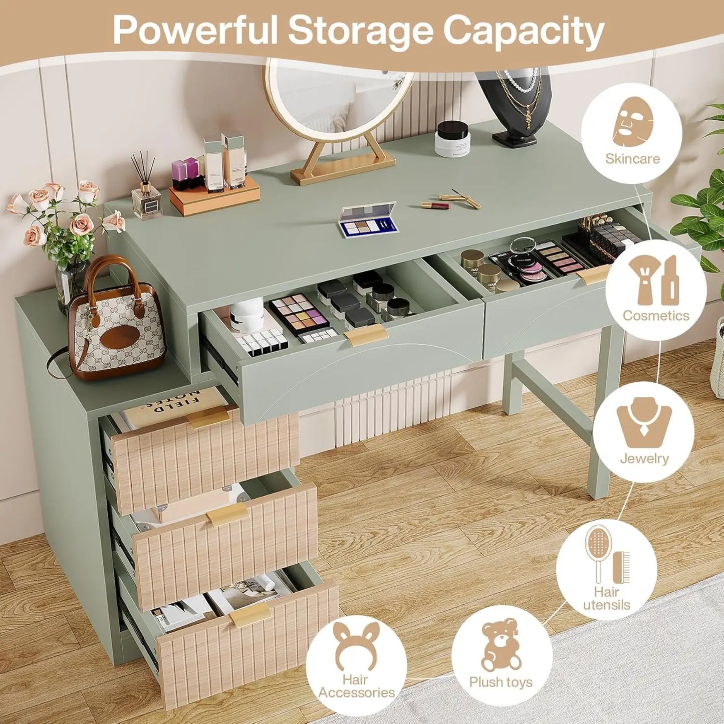 Frame Makeup Vanity Desk 5 Drawers Modern Wood Dressing Table