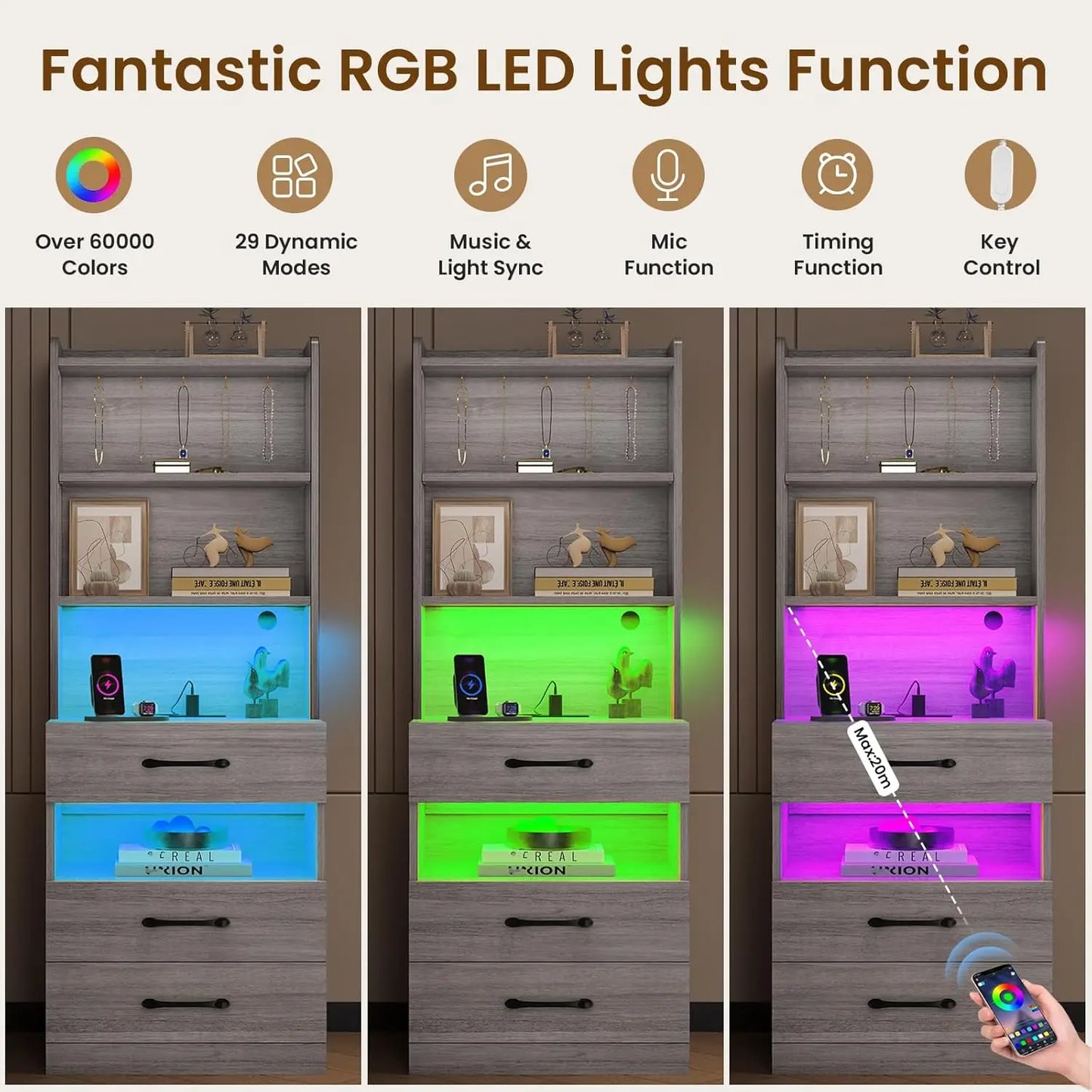 GUANGBAI Nightstand Set of 2 with Charging Station LED Lights