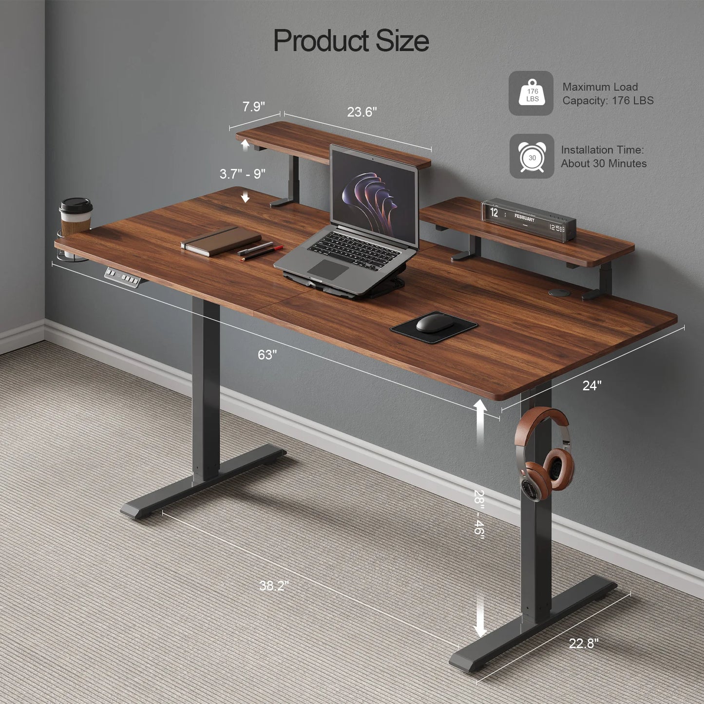 ONBRILL Standing Desk Electric Height Adjustable With Monitor Shelves