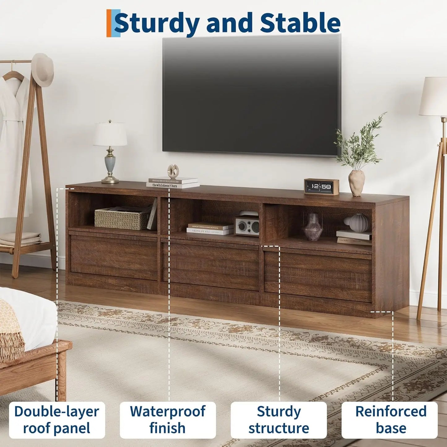 HiMISS Modern TV Stand With Storage 3 Drawers Open Shelves