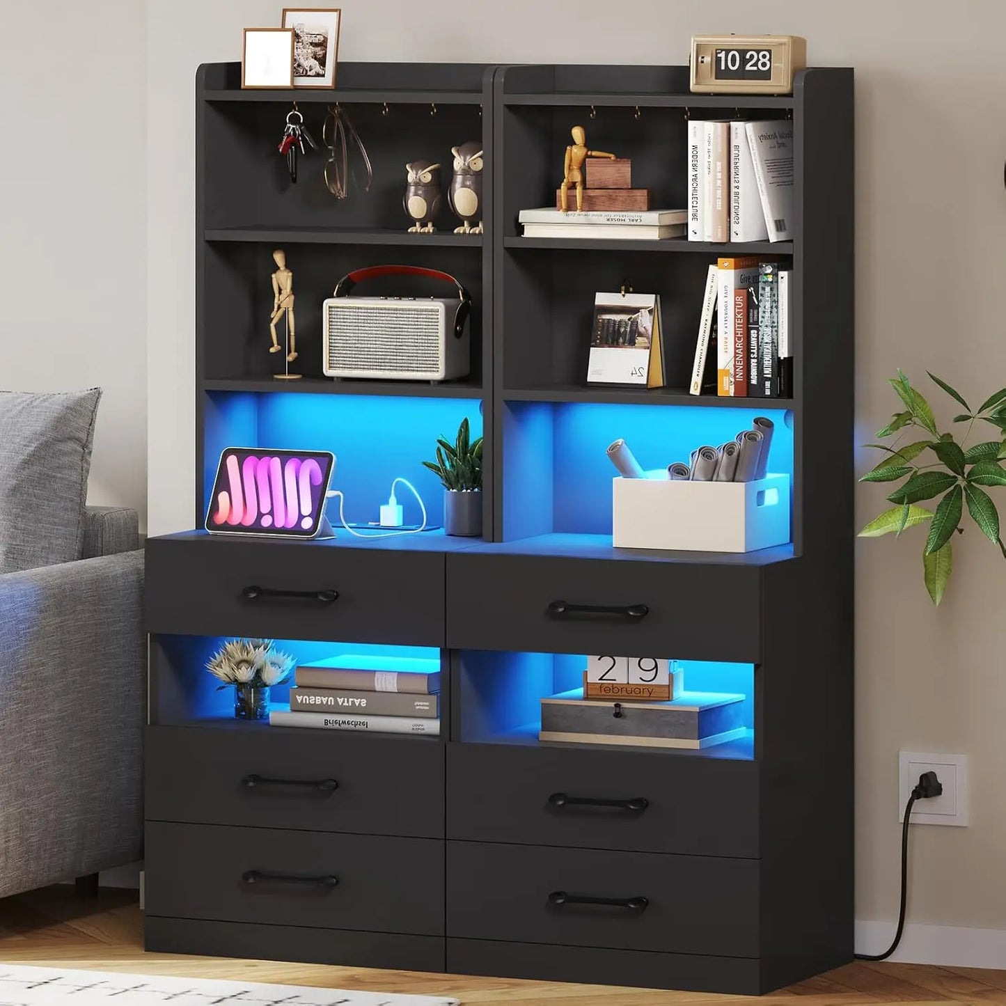 GUANGBAI Nightstand Set of 2 with Charging Station LED Lights