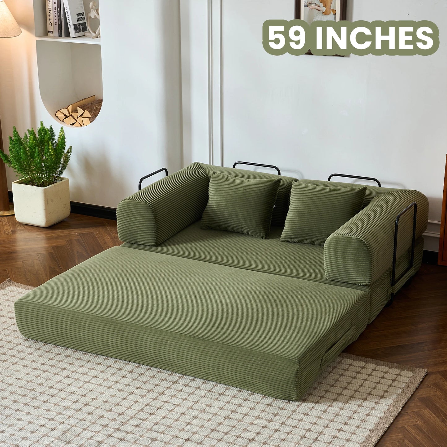 Foldable Convertible Futon Sofa Bed With L Shaped Armrests