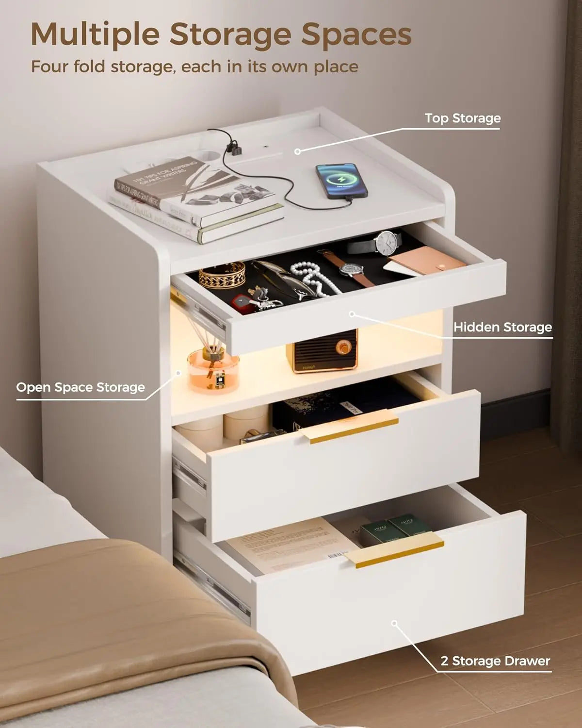 White LED Nightstand Hidden Compartment USB Type-C Charging 3 Drawers Bedroom Office 13.8x15.7x23.6 inch, Customized