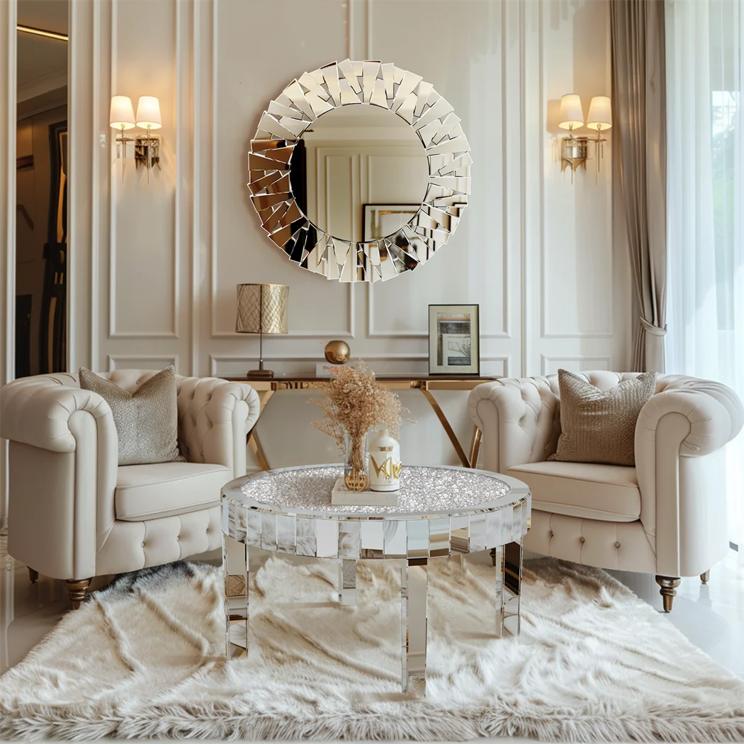 ARTLOGE Luxury Mirrored Coffee Table With Glass Top Living Room