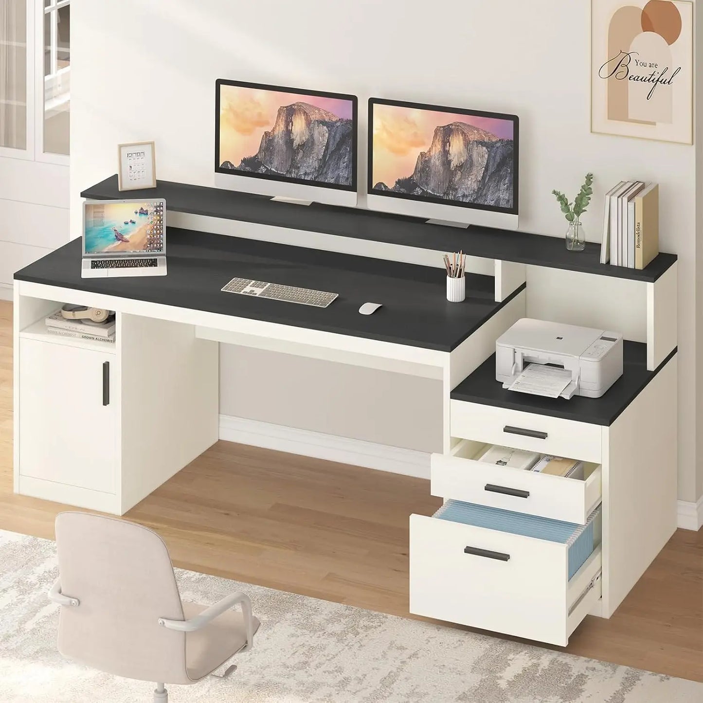 NONEDesk Executive Computer Desk With File Drawer And Cabinet