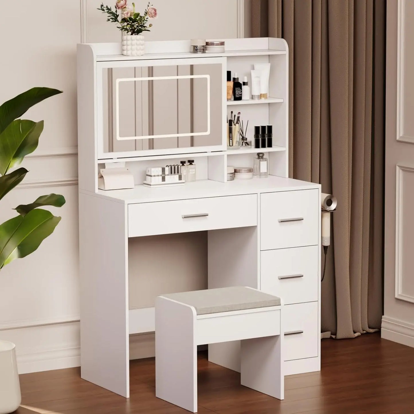 Vanity Desk With Mirror And Lights Chair And Three Lighting Modes Power Outlet