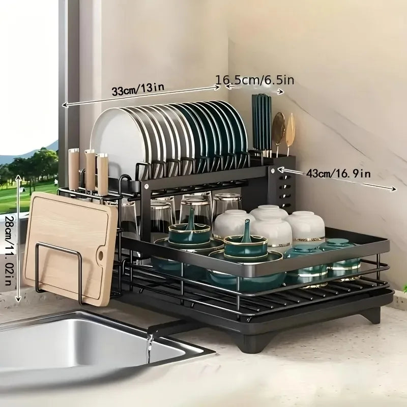 AEHOME Double Tier Extendable Dish Drainer Stainless Steel Kitchen Organizer