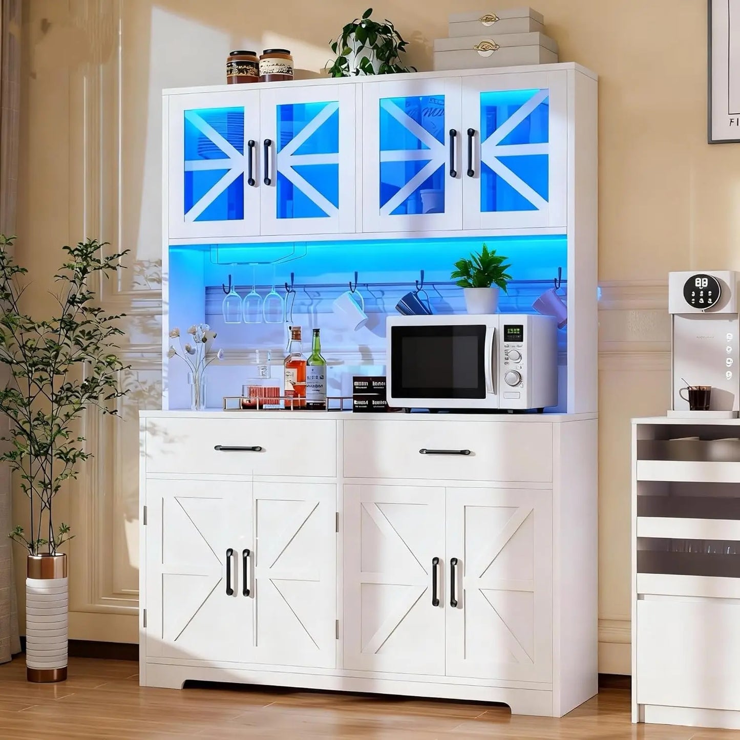 MOYU Kitchen Hutch With LED Lights And Power Outlet Cabinet