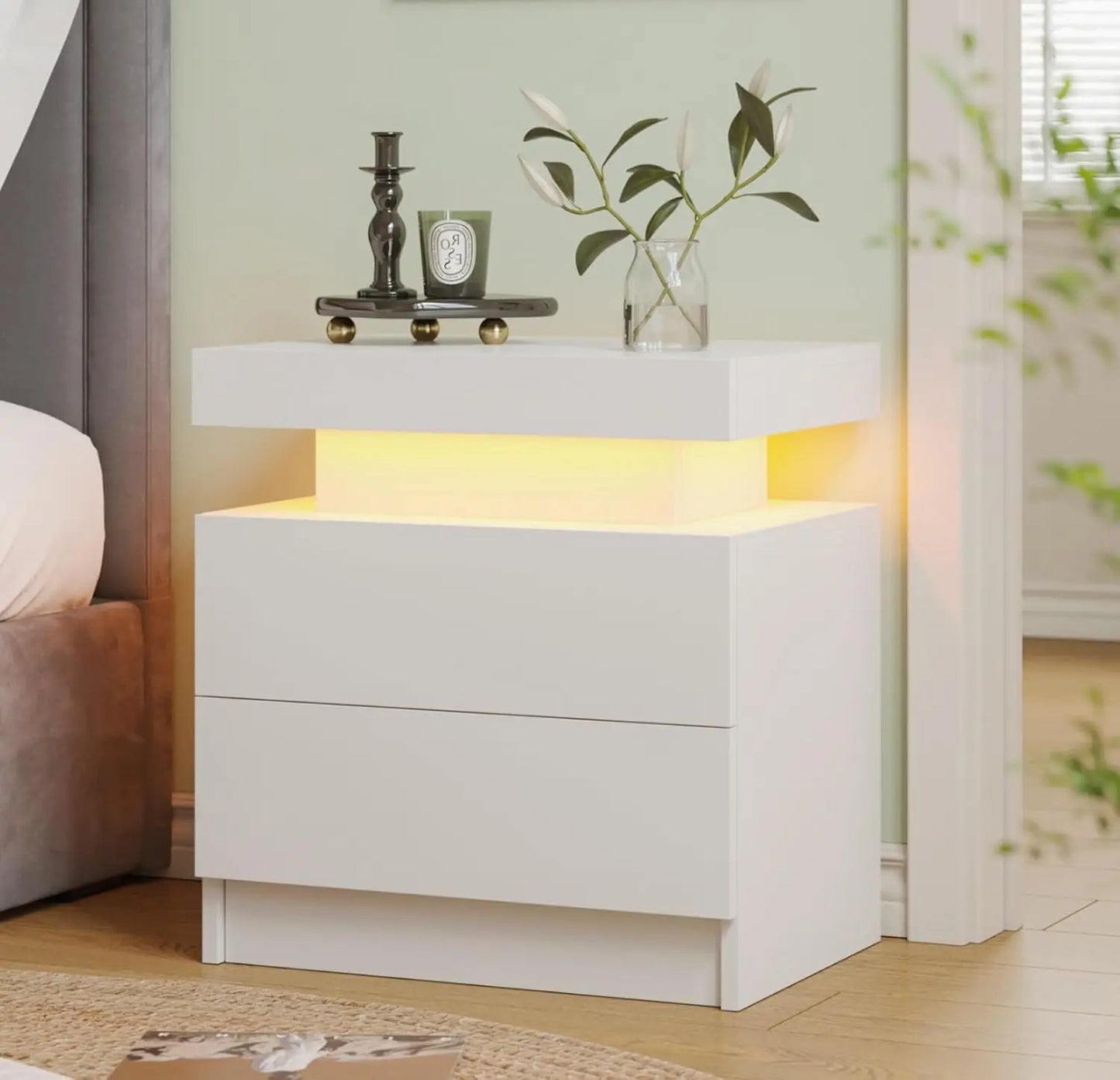 Modern White LED Nightstand With Two Wood Drawers Bedside Table