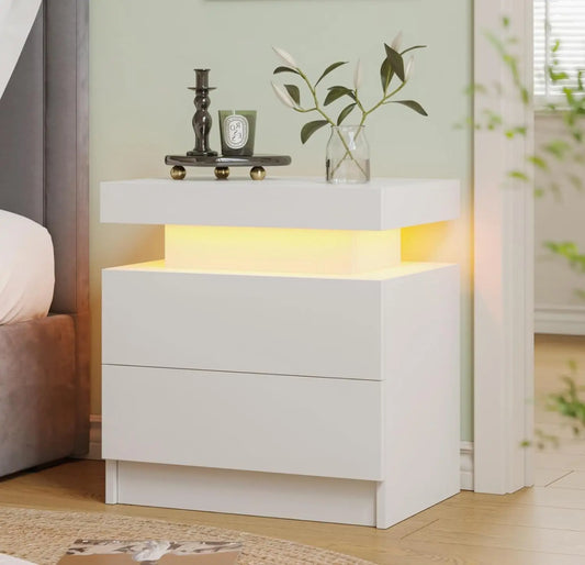 Modern White LED Nightstand With Two Wood Drawers Bedside Table