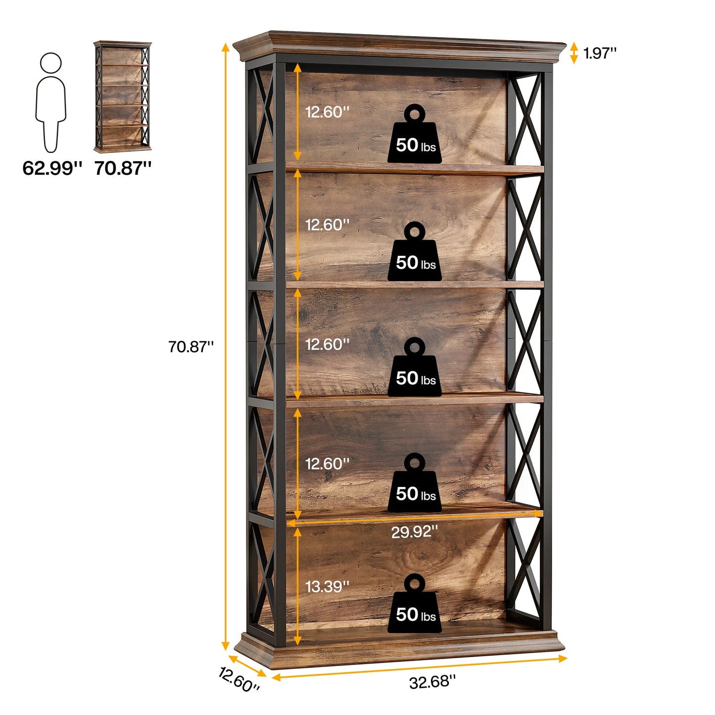 Tribesigns 5 Tier Floor Bookcase Industrial Wood Shelves