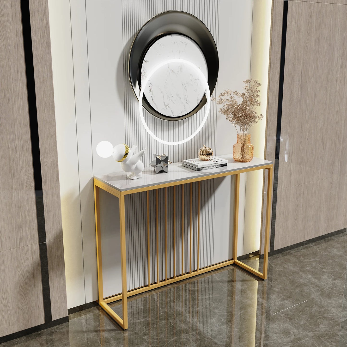 BINGOPAW Modern Marble Console Table With Gold Metal Frame