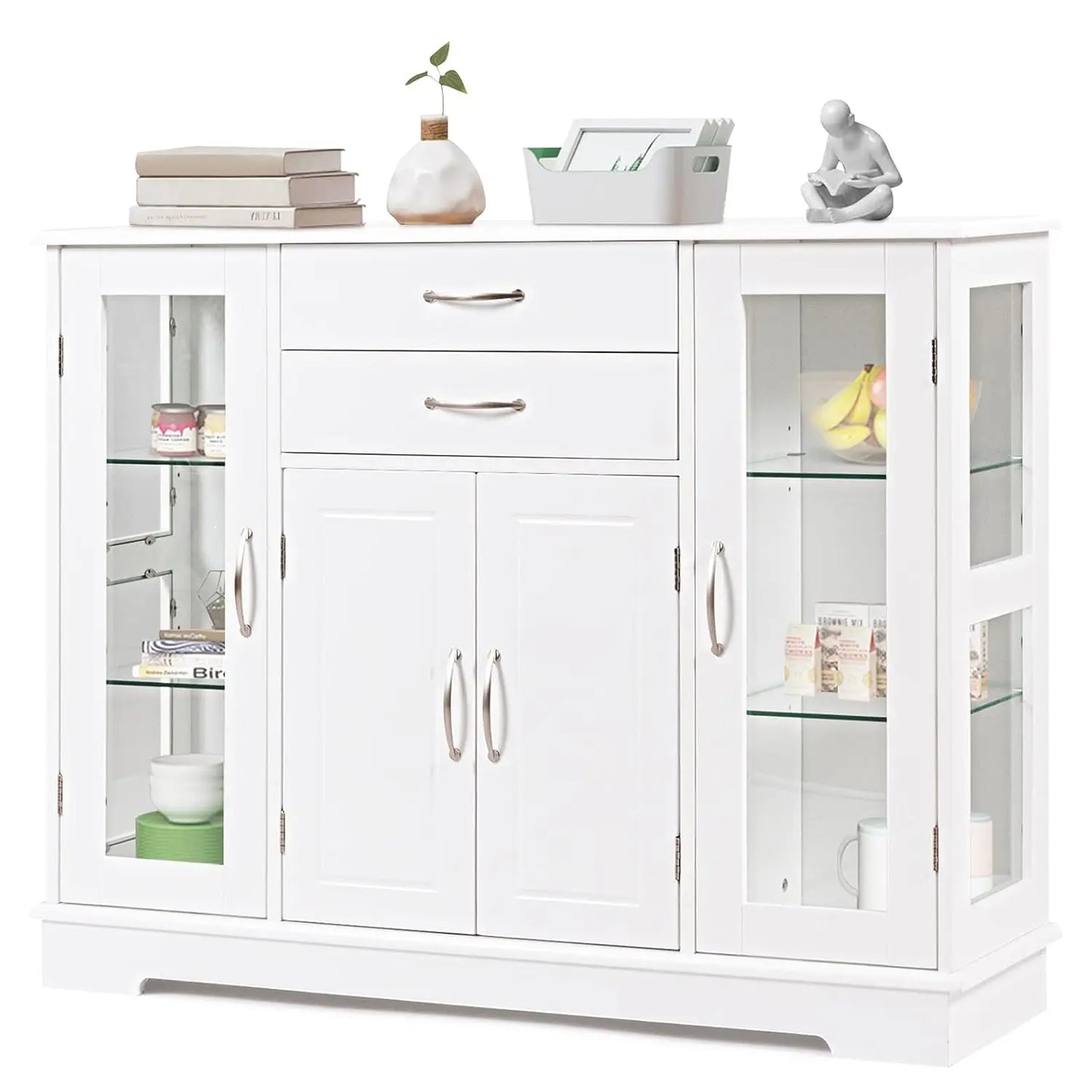 Storage Buffet Cabinet With Drawers And Three Glass Door Cabinets