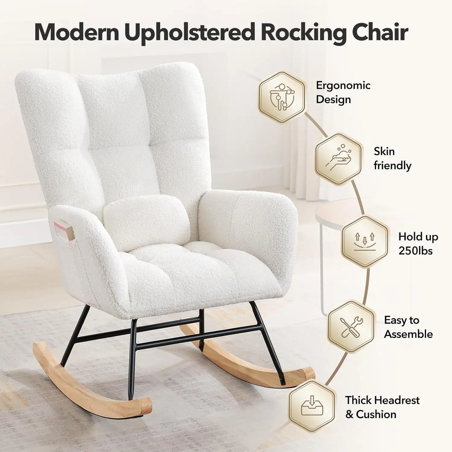 Studyset Modern Upholstered Nursery Rocking Chair High Back Side Pocket Boucle